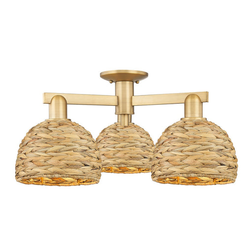 Innovations Woven Rattan 26in 3-Light Semi-Flush Mount | Industrial Brushed Brass and Natural Fiber Dome Shade | Kitchen & | Model 716-3F-BB-RBD-8-NAT