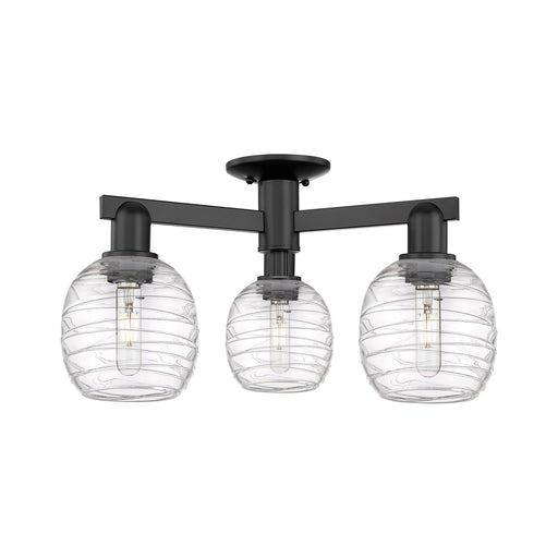 Innovations Belfast 24in 3-Light Semi-Flush Mount | Industrial Matte Black Steel and Deco Swirl Clear Glass | Entryway & Hallway | Model 716-3F-BK-G1013