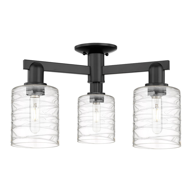 Innovations Cobbleskill 23in 3-Light Semi-Flush Mount | Industrial Matte Black Steel and Deco Swirl Clear Glass | Living Room & | Model 716-3F-BK-G1113