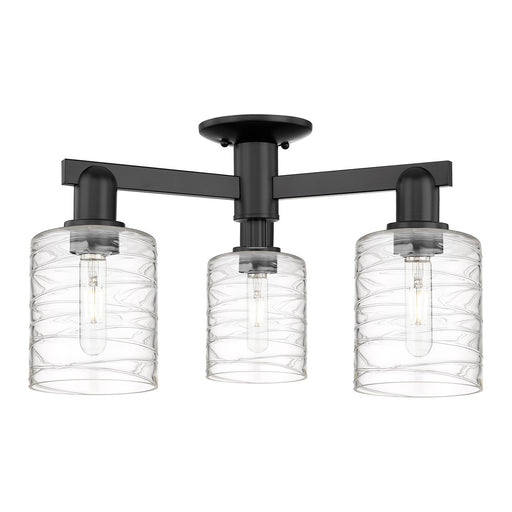 Innovations Cobbleskill 23in 3-Light Semi-Flush Mount | Industrial Matte Black Steel and Deco Swirl Clear Glass | Living Room & | Model 716-3F-BK-G1113