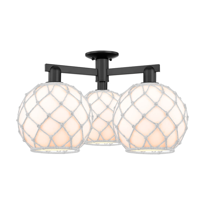 Innovations Farmhouse Rope 28in 3-Light Semi-Flush Mount | Industrial Matte Black Steel and White Glass with White Rope Shade | Model 716-3F-BK-G121-10RW