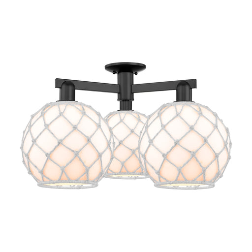 Innovations Farmhouse Rope 28in 3-Light Semi-Flush Mount | Industrial Matte Black Steel and White Glass with White Rope Shade | Model 716-3F-BK-G121-10RW