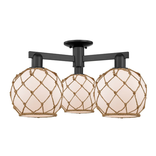 Innovations Farmhouse Rope 26in 3-Light Semi-Flush Mount | Industrial Matte Black Steel and White Frosted Glass with Brown Rope | Model 716-3F-BK-G121-8RB
