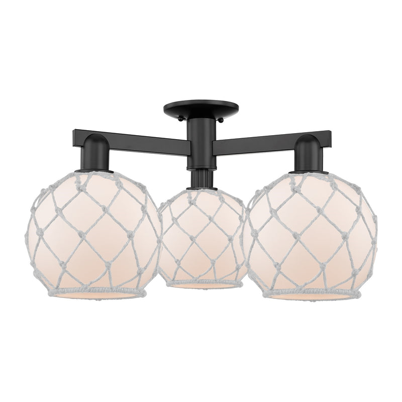 Innovations Farmhouse Rope 26in 3-Light Semi-Flush Mount | Industrial Matte Black Steel and White Frosted Glass with White Rope | Model 716-3F-BK-G121-8RW