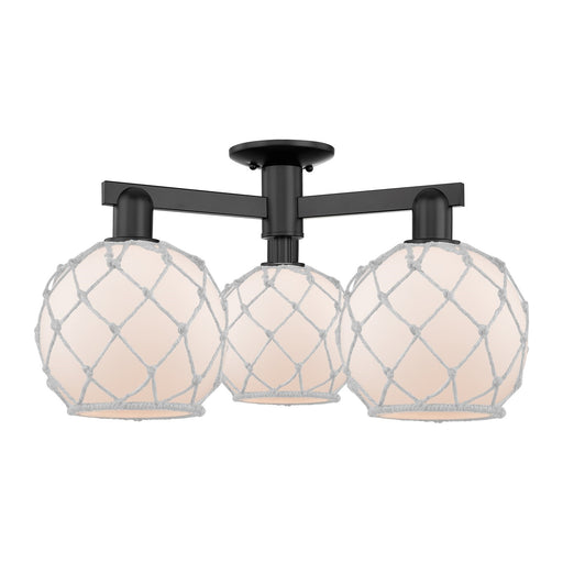 Innovations Farmhouse Rope 26in 3-Light Semi-Flush Mount | Industrial Matte Black Steel and White Frosted Glass with White Rope | Model 716-3F-BK-G121-8RW