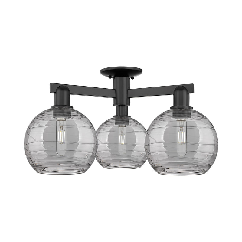 Innovations Athens Deco Swirl 26in 3-Light Semi-Flush Mount | Industrial Matte Black Steel and Cast Brass with Light Smoke | Model 716-3F-BK-G1213-8SM