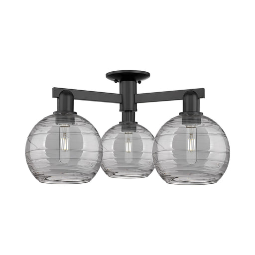 Innovations Athens Deco Swirl 26in 3-Light Semi-Flush Mount | Industrial Matte Black Steel and Cast Brass with Light Smoke | Model 716-3F-BK-G1213-8SM