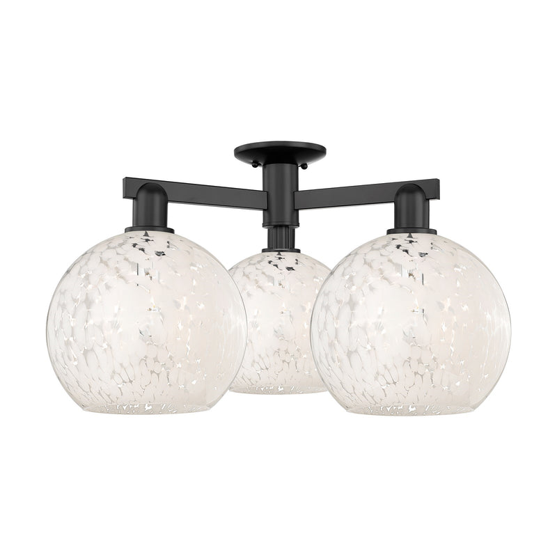 Innovations Lighting White Mouchette 28in 3-Light Semi-Flush Mount | Industrial Matte Black Steel and White Glass | Entryway | Model 716-3F-BK-G1216-10WM