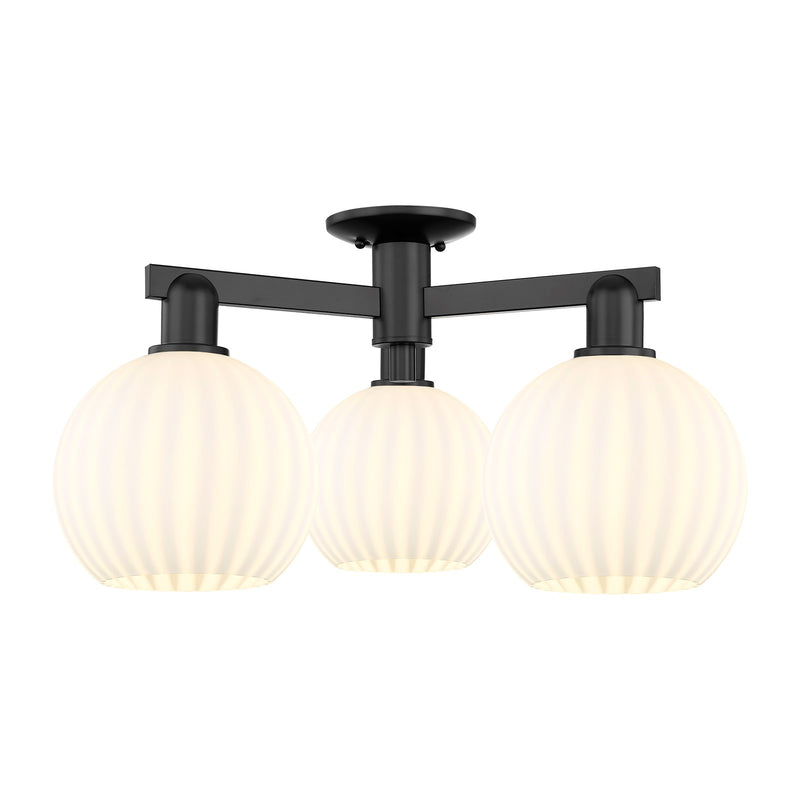 Innovations Lighting White Venetian 26in 3-Light Semi-Flush | Industrial Matte Black and White Venetian Glass | Entryway & | Model 716-3F-BK-G1217-8WV