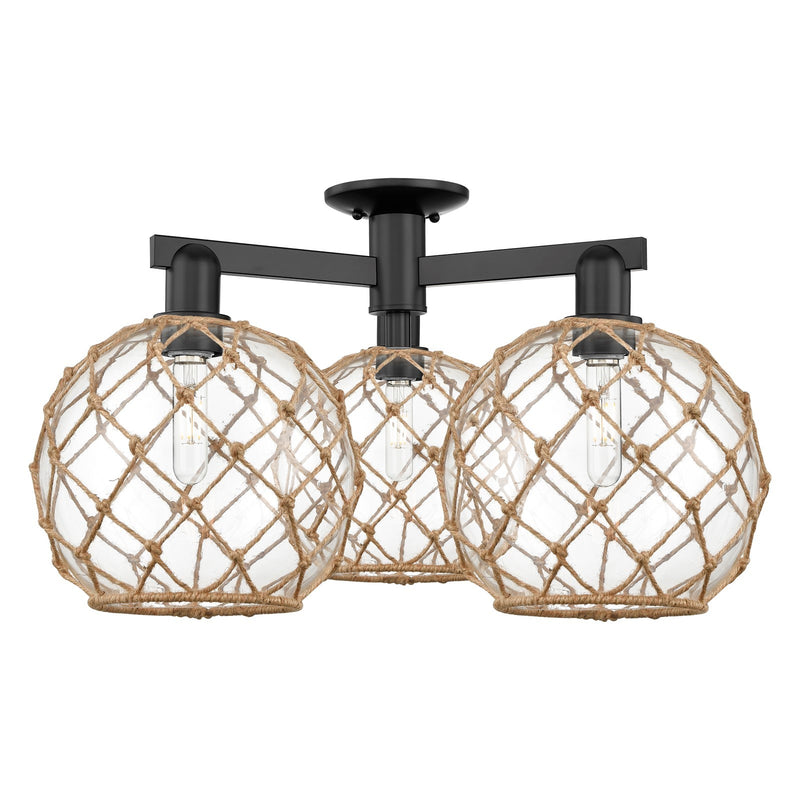 Innovations Farmhouse Rope 28in 3-Light Semi-Flush Mount | Industrial Matte Black Steel and Clear Glass with Brown Rope | Model 716-3F-BK-G122-10RB