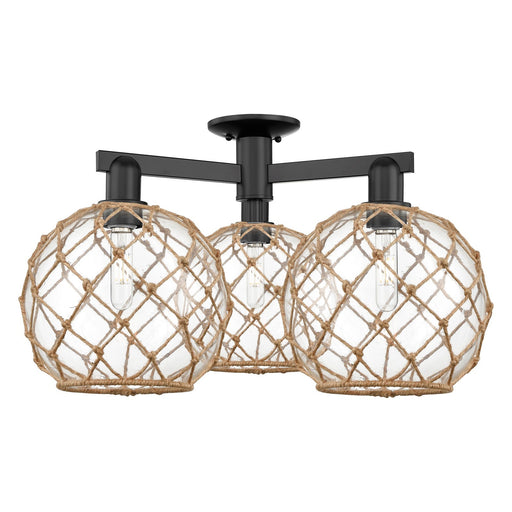 Innovations Farmhouse Rope 28in 3-Light Semi-Flush Mount | Industrial Matte Black Steel and Clear Glass with Brown Rope | Model 716-3F-BK-G122-10RB