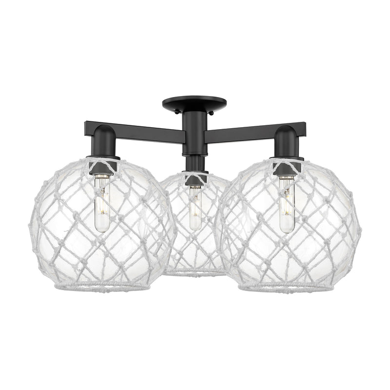 Innovations Farmhouse Rope 28in 3-Light Semi-Flush Mount | Industrial Matte Black Steel and Clear Glass with White Rope | Model 716-3F-BK-G122-10RW