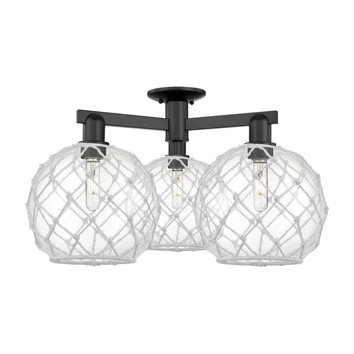 Innovations Farmhouse Rope 28in 3-Light Semi-Flush Mount | Industrial Matte Black Steel and Clear Glass with White Rope | Model 716-3F-BK-G122-10RW