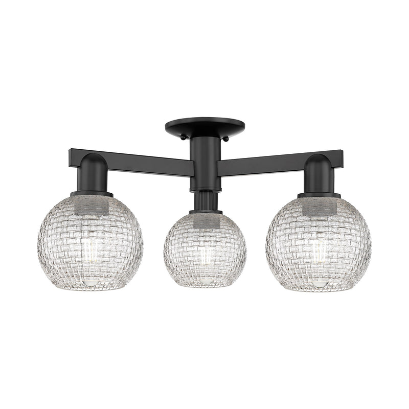 Innovations Athens 23in 3-Light Semi-Flush Mount | Industrial Matte Black Steel and Clear Basket Weave Glass | Entryway & | Model 716-3F-BK-G122C-6CL