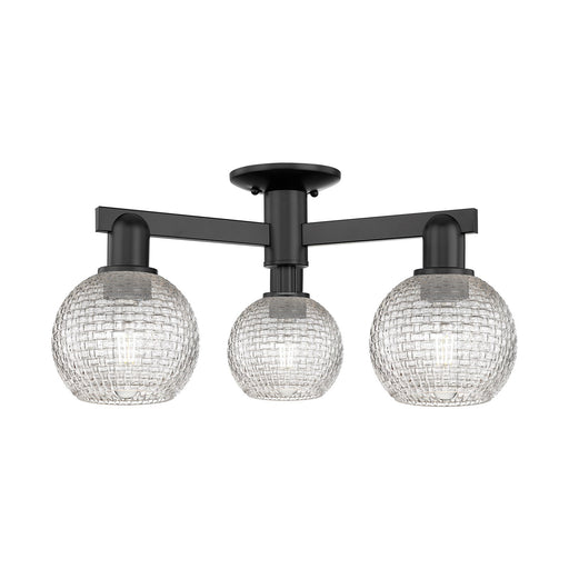 Innovations Athens 23in 3-Light Semi-Flush Mount | Industrial Matte Black Steel and Clear Basket Weave Glass | Entryway & | Model 716-3F-BK-G122C-6CL