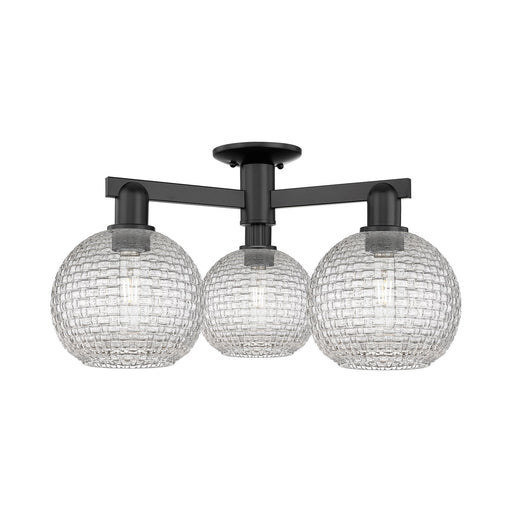 Innovations Athens 26in 3-Light Semi-Flush Mount | Industrial Matte Black Steel and Clear Basket Weave Glass | Entryway & | Model 716-3F-BK-G122C-8CL