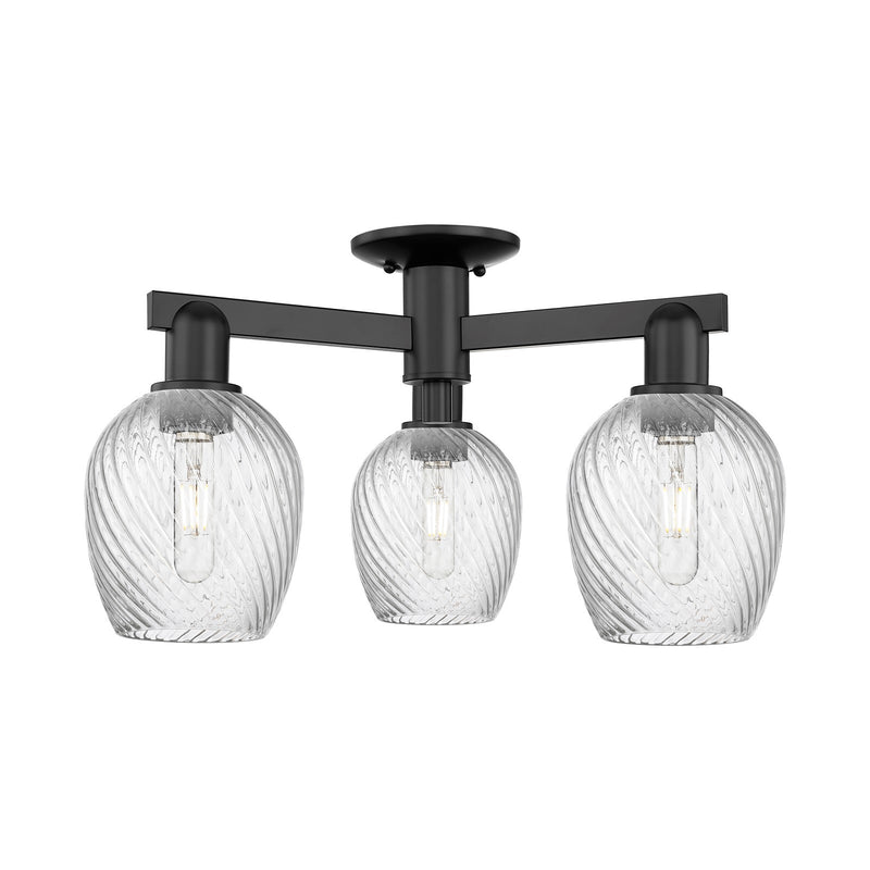 Innovations Salina 23in 3-Light Semi-Flush Mount | Industrial Matte Black Steel and Clear Spiral Fluted Glass | Damp-Rated Entryway | Model 716-3F-BK-G292
