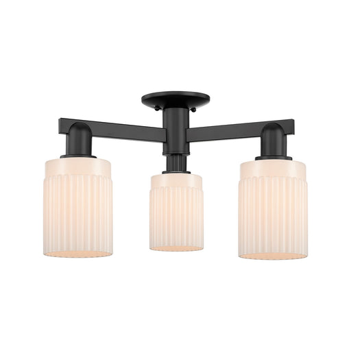 Innovations Hadley 22in 3-Light Semi-Flush Mount | Industrial Matte Black Steel and Matte White Ribbed Glass | Entryway & Hallway | Model 716-3F-BK-G341