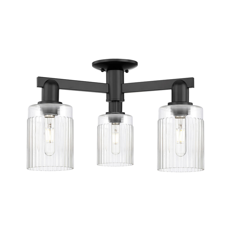 Innovations Hadley 22in 3-Light Semi-Flush Mount | Industrial Matte Black Steel and Clear Ribbed Glass | Entryway & Hallway | 22 x | Model 716-3F-BK-G342