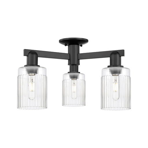Innovations Hadley 22in 3-Light Semi-Flush Mount | Industrial Matte Black Steel and Clear Ribbed Glass | Entryway & Hallway | 22 x | Model 716-3F-BK-G342