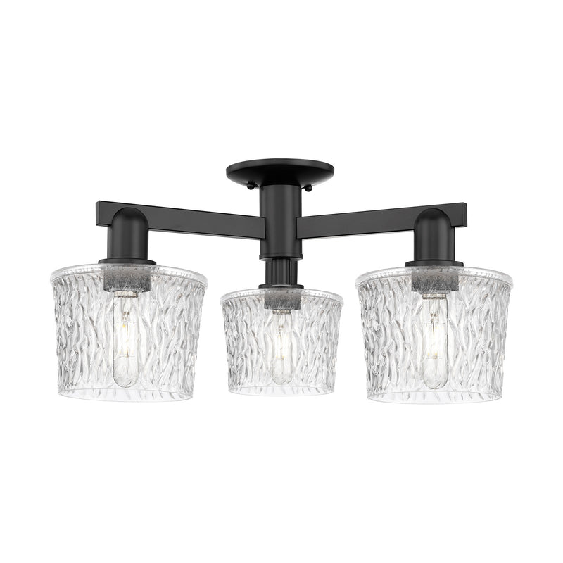 Innovations Niagara 24in 3-Light Semi-Flush Mount | Industrial Matte Black Steel and Clear Glass | Damp-Rated Living Room & | Model 716-3F-BK-G402