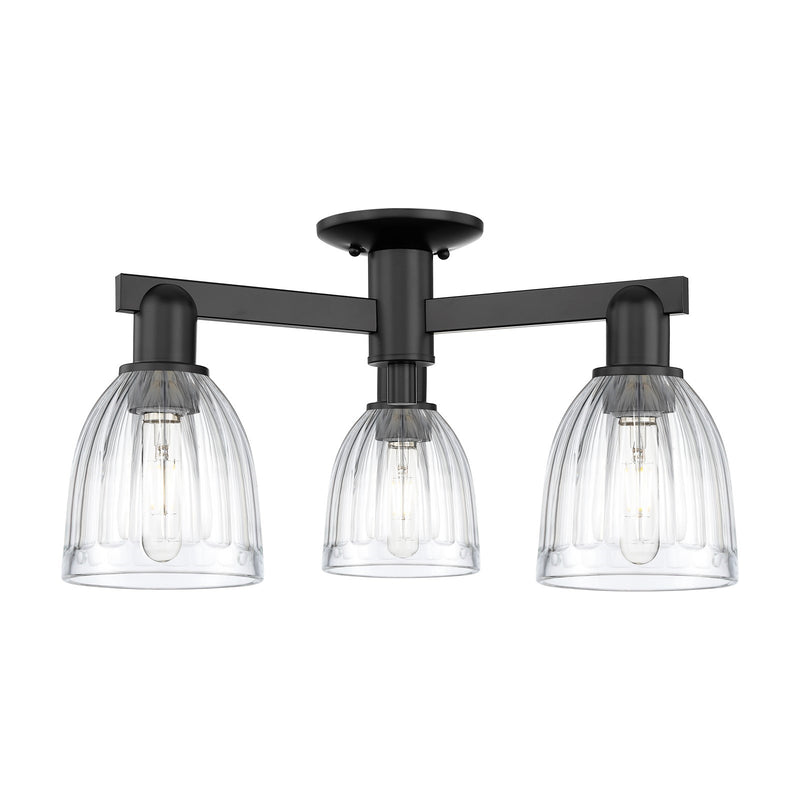 Innovations Brookfield 23.25in 3-Light Semi-Flush Mount | Industrial Matte Black Steel and Clear Ribbed Glass | Entryway & Hallway | Model 716-3F-BK-G442