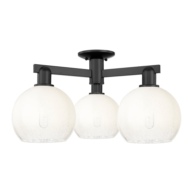 Innovations Brookhaven Globe 25.5in 3-Light Semi-Flush Mount | Industrial Matte Black Steel and Opal Glass | Entryway & Hallway | Model 716-3F-BK-G483-8OP