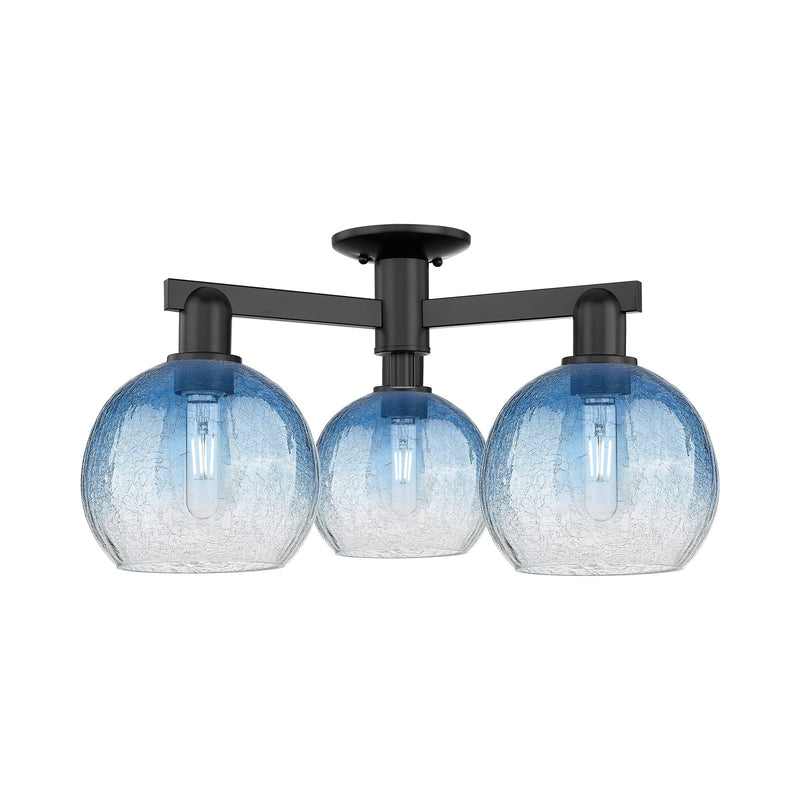 Innovations Brookhaven Globe 25.5in 3-Light Semi-Flush Mount | Industrial Matte Black Steel and Sapphire Blue Glass | Entryway | Model 716-3F-BK-G483-8SB