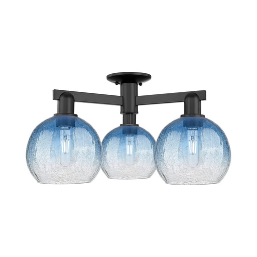 Innovations Brookhaven Globe 25.5in 3-Light Semi-Flush Mount | Industrial Matte Black Steel and Sapphire Blue Glass | Entryway | Model 716-3F-BK-G483-8SB
