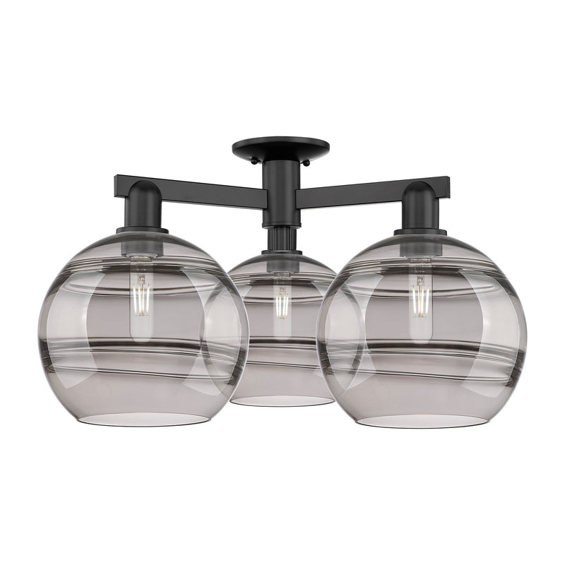 Innovations Rochester 28in 3-Light Semi-Flush Mount | Industrial Matte Black Steel and Light Smoke Glass | Kitchen & Hallway | Model 716-3F-BK-G556-10SM