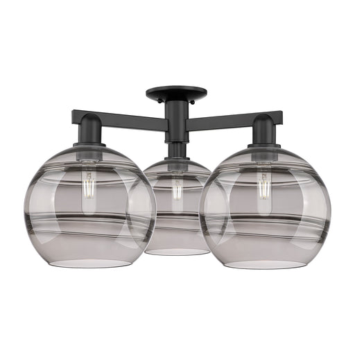 Innovations Rochester 28in 3-Light Semi-Flush Mount | Industrial Matte Black Steel and Light Smoke Glass | Kitchen & Hallway | Model 716-3F-BK-G556-10SM