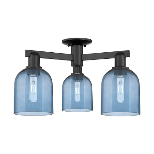 Innovations Bella 23in 3-Light Semi-Flush Mount | Industrial Matte Black Steel and Blue Glass | Entryway & Hallway | 23 x 23 x | Model 716-3F-BK-G558-6BL