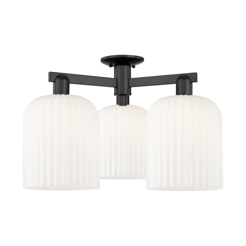 Innovations Bridal Veil 26in 3-Light Semi-Flush Mount | Industrial Matte Black Steel and Gloss White Ribbed Glass | Entryway & | Model 716-3F-BK-G559-8GWH