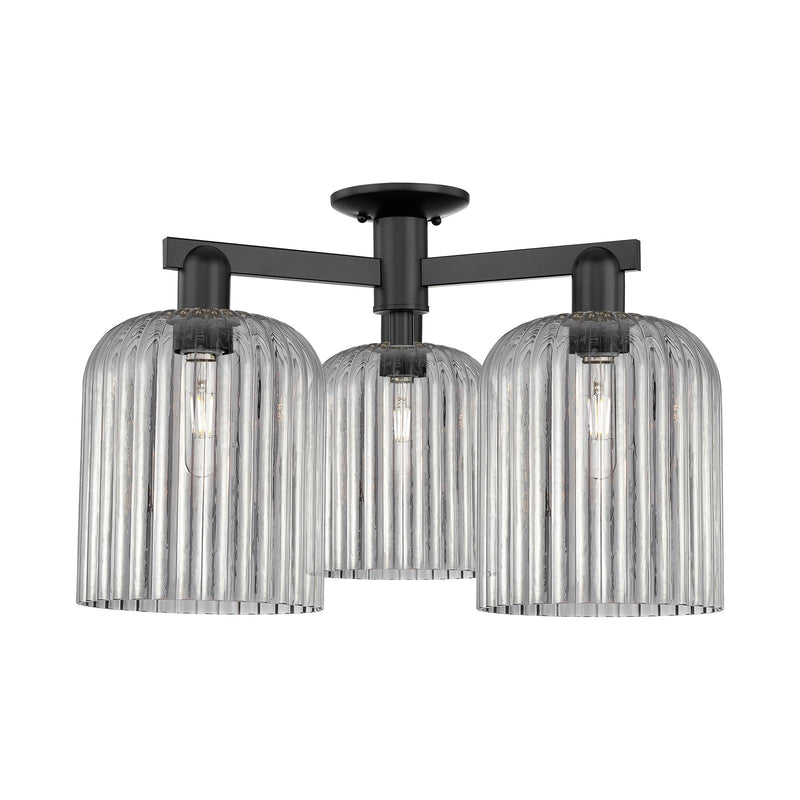 Innovations Bridal Veil 26in 3-Light Semi-Flush Mount | Industrial Matte Black Steel and Cast Brass with Light Smoke Ribbed | Model 716-3F-BK-G559-8SM