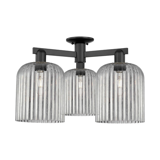 Innovations Bridal Veil 26in 3-Light Semi-Flush Mount | Industrial Matte Black Steel and Cast Brass with Light Smoke Ribbed | Model 716-3F-BK-G559-8SM