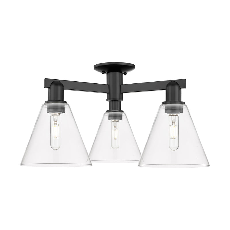Innovations Berkshire Glass 26in 3-Light Semi-Flush Mount | Industrial Matte Black Steel and Clear Glass | Kitchen & Hallway | Model 716-3F-BK-GBC-82