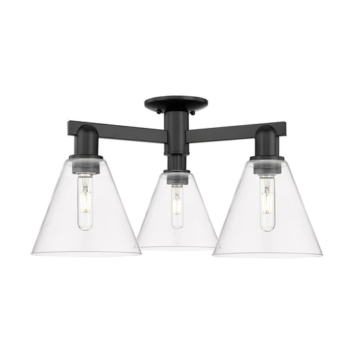 Innovations Berkshire Glass 26in 3-Light Semi-Flush Mount | Industrial Matte Black Steel and Clear Glass | Kitchen & Hallway | Model 716-3F-BK-GBC-82