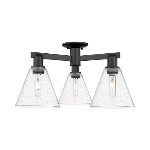 Innovations Berkshire Glass 25.5in 3-Light Semi-Flush Mount | Industrial Matte Black Steel and Seedy Glass | Living Room & | Model 716-3F-BK-GBC-84