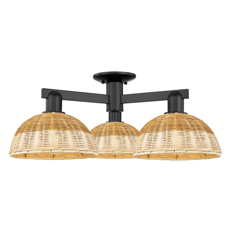 Innovations Bristol Natural II 27in 3-Light Semi-Flush Mount | Industrial Matte Black Steel and Natural Fiber Dome Shade | Model 716-3F-BK-NBD2-9-NAT