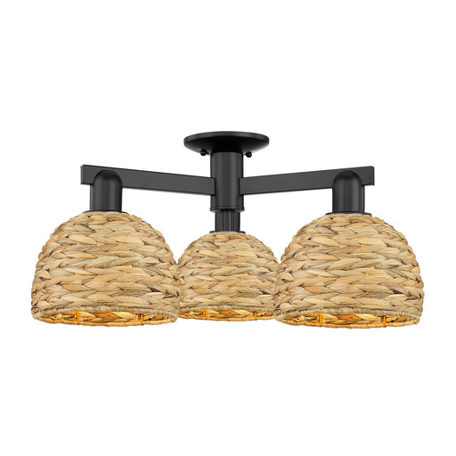 Innovations Woven Rattan 26in 3-Light Semi-Flush Mount | Industrial Matte Black Steel and Natural Fiber Shade | Kitchen & | Model 716-3F-BK-RBD-8-NAT