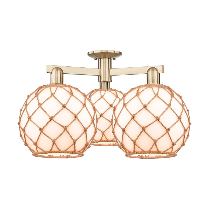 Innovations Farmhouse Rope 28in 3-Light Semi-Flush Mount | Industrial Champagne Bronze Steel and Matte White Glass with Rope | Model 716-3F-CB-G121-10RB