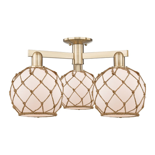 Innovations Farmhouse Rope 26in 3-Light Semi-Flush Mount | Industrial Champagne Bronze Steel and White Frosted Glass with Brown | Model 716-3F-CB-G121-8RB