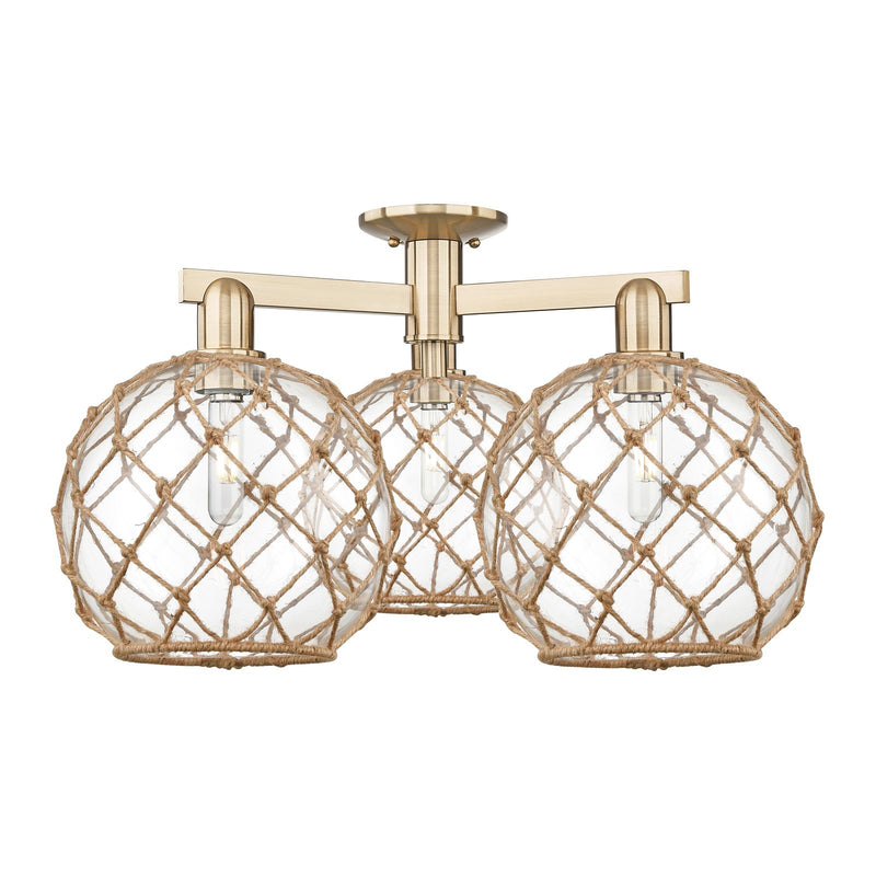 Innovations Farmhouse Rope 28in 3-Light Semi-Flush Mount | Industrial Champagne Bronze Steel and Clear Glass with Brown Rope | Model 716-3F-CB-G122-10RB