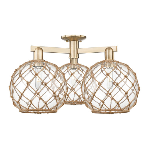 Innovations Farmhouse Rope 28in 3-Light Semi-Flush Mount | Industrial Champagne Bronze Steel and Clear Glass with Brown Rope | Model 716-3F-CB-G122-10RB