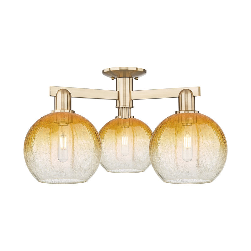 Innovations Brookhaven Globe 25.5in 3-Light Semi-Flush Mount | Industrial Champagne Bronze Steel and Amber Glass | Living Room | Model 716-3F-CB-G483-8AM