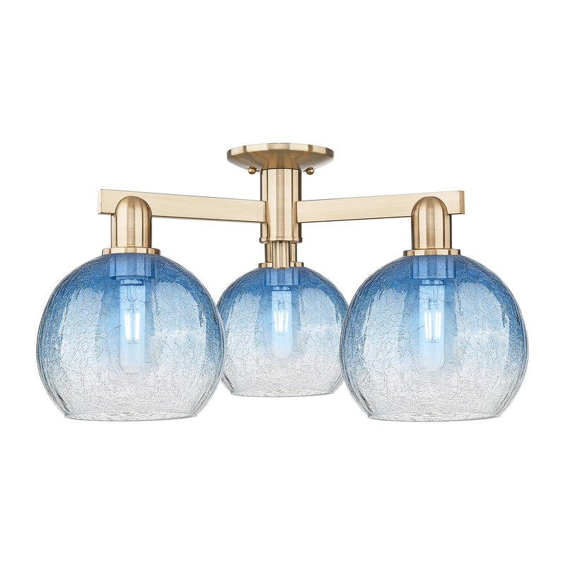 Innovations Brookhaven Globe 25.5in 3-Light Semi-Flush Mount | Industrial Champagne Bronze Steel and Sapphire Blue Glass | Model 716-3F-CB-G483-8SB