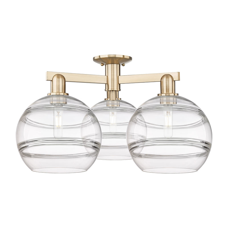 Innovations Rochester 28in 3-Light Semi-Flush Mount | Industrial Champagne Bronze Steel and Clear Glass | Entryway & Hallway | Model 716-3F-CB-G556-10CL
