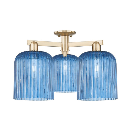 Innovations Bridal Veil 26in 3-Light Semi-Flush Mount | Industrial Champagne Bronze Steel and Princess Blue Ribbed Glass | Model 716-3F-CB-G559-8BL