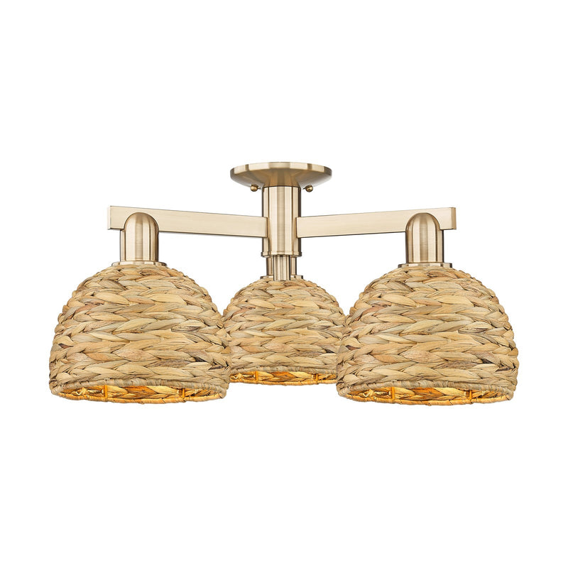 Innovations Woven Rattan 26in 3-Light Semi-Flush Mount | Industrial Champagne Bronze Steel and Natural Fiber Dome Shade | Model 716-3F-CB-RBD-8-NAT