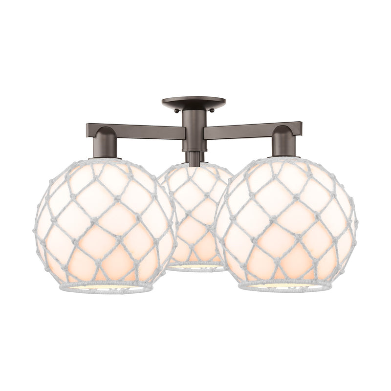 Innovations Farmhouse Rope 28in 3-Light Semi-Flush Mount | Industrial Oil Rubbed Bronze Steel and White Glass with Rope Shade | Model 716-3F-OB-G121-10RW